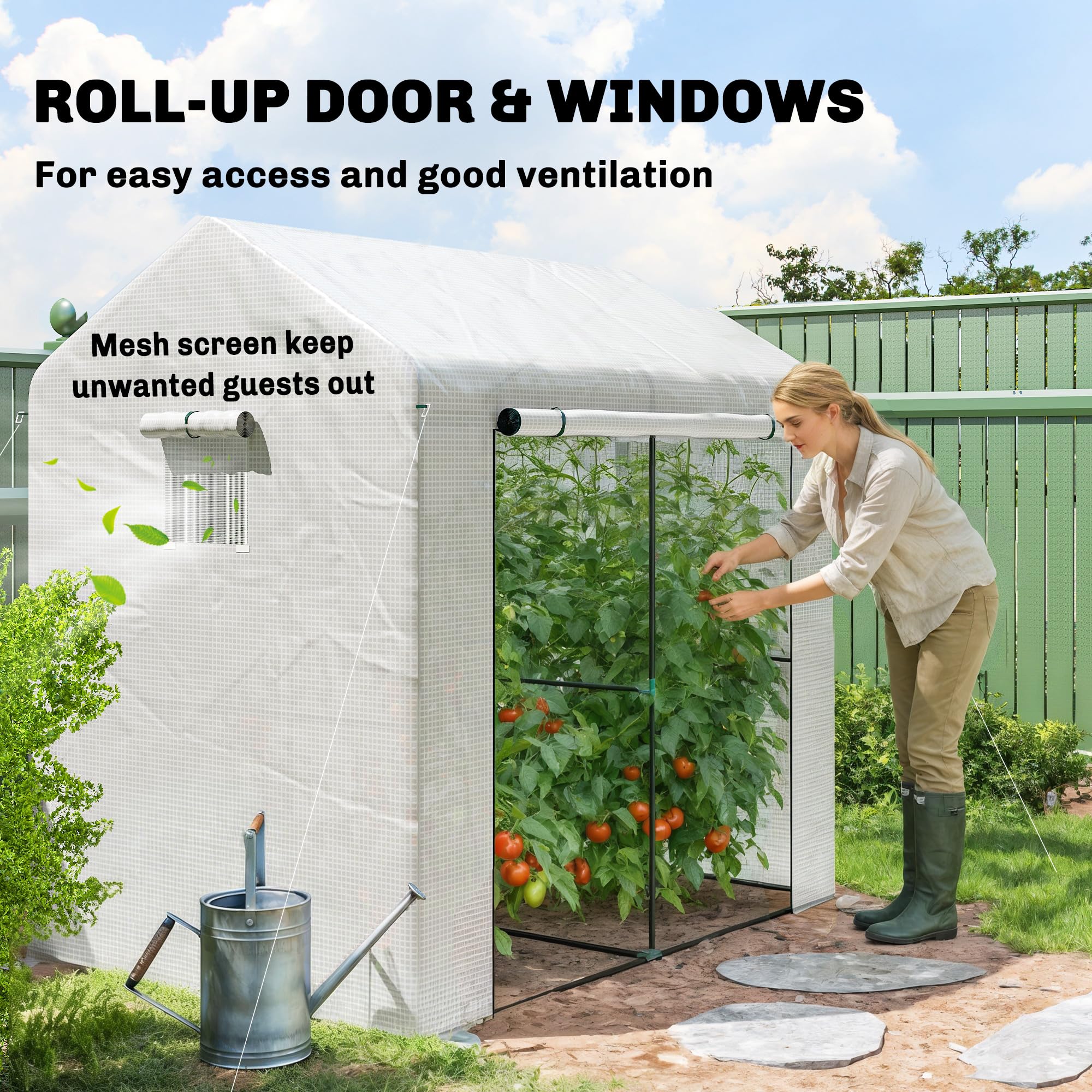 Outsunny begehbares Gewächshaus, Tomatengewächshaus für den Außenbereich, Gewächshaus für den Garten, Anzuchtgewächshaus mit Rolltür und Netzfenstern, PE-Abdeckung, 200 x 140 x 200 cm, weiß | Tomatengewächshaus für den Außenbereich, Gewächshaus für Garten
