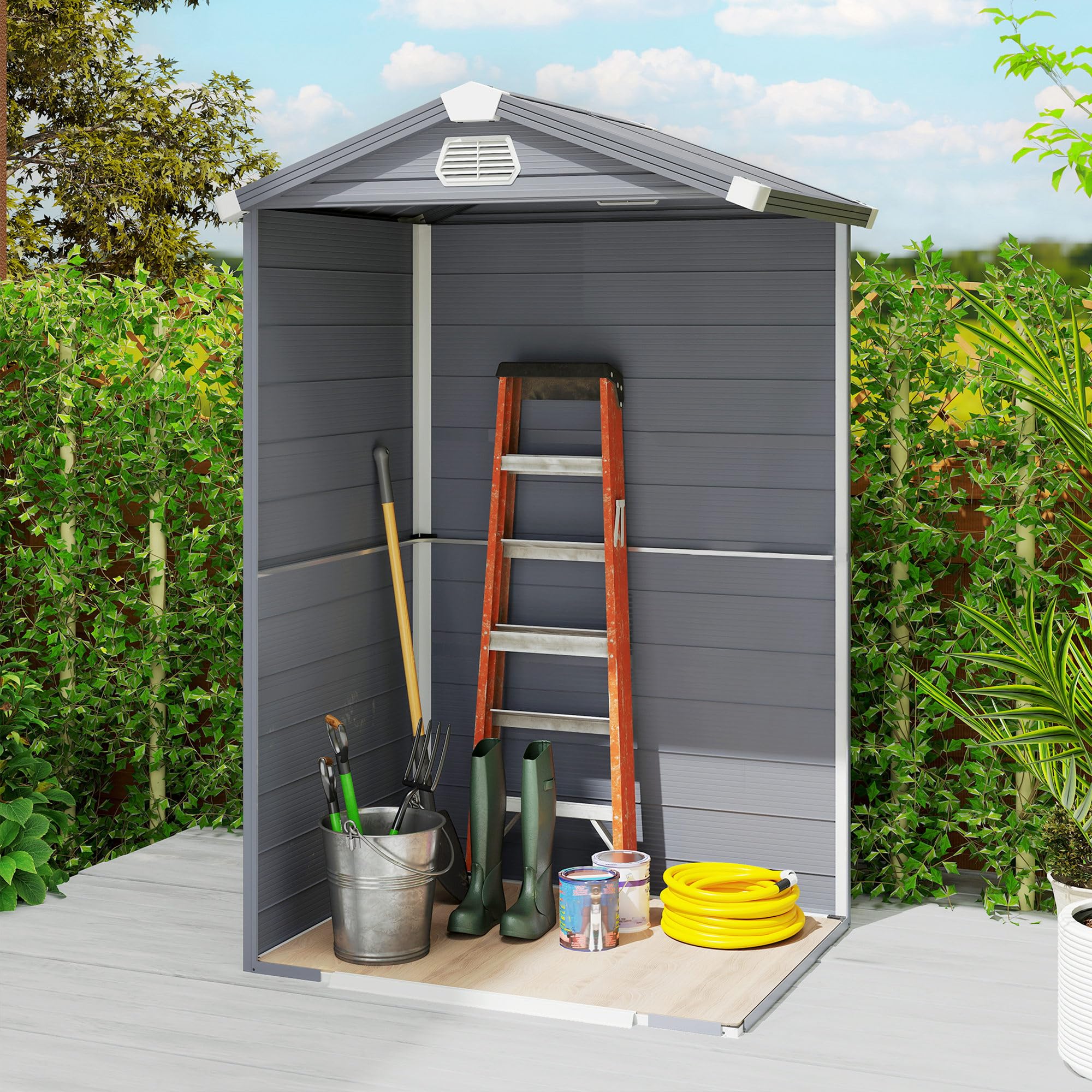 Outsunny Domek na narzędzia 1,1 m², szopa na narzędzia z dachem dwuspadowym, 133 x 102 x 208 cm, szopa z tworzywa sztucznego, z zamykanymi drzwiami, otworem wentylacyjnym, fundamentem, do ogrodu