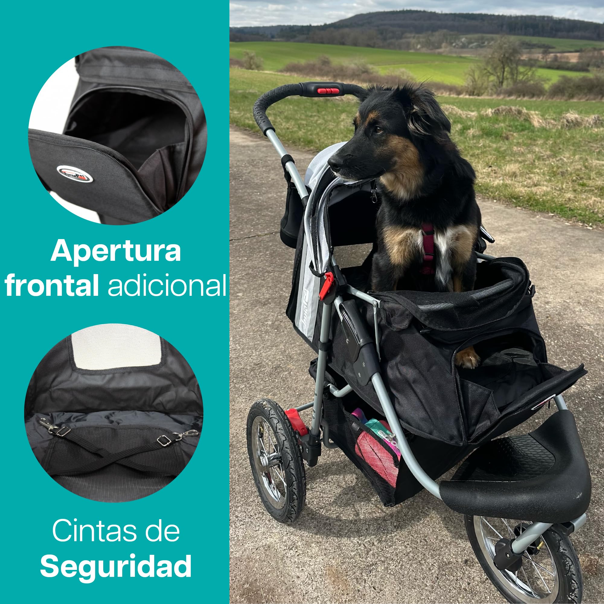 Innopet Comfort Air Eco negro/plata - Cochecito para perros y gatos con ruedas neumáticas de 12”, plegado con una mano, tejido reciclado y organizador