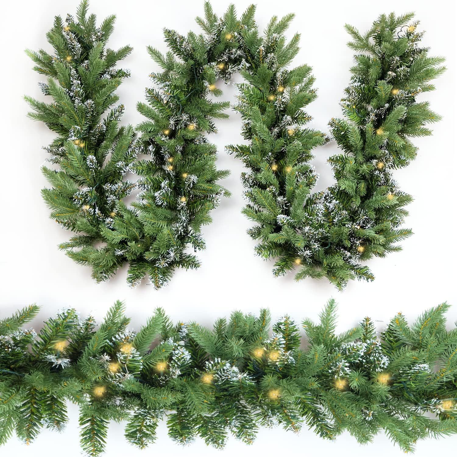 Christmas Garland 9ft with 50 Led, 320 Tips Prelit Fraser Fir Xmas Garland with 50 LED Lights, Lush and Classics Green Style for Indoor Outdoor Home Decoration