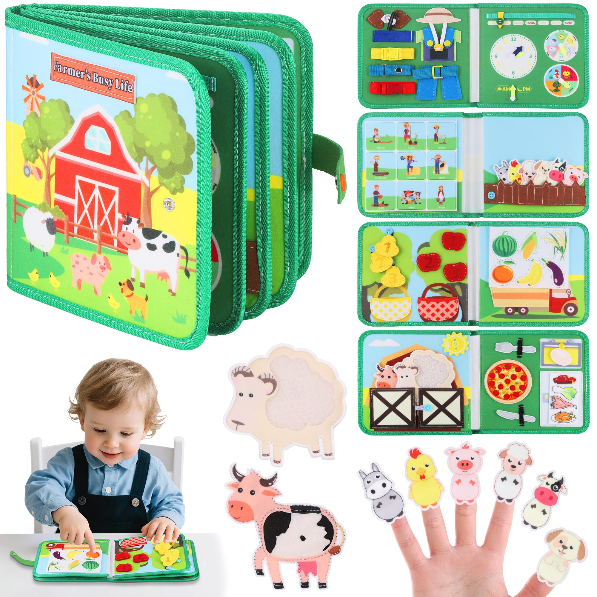 Zocipro Farm Busy Book for Toddlers, Montessori Busy Board Toys for 1 2 3+ Year Old, Preschool Learning Activities Developing Sensory Board, Travel Educational Toy Gifts for Kids Boys Girls