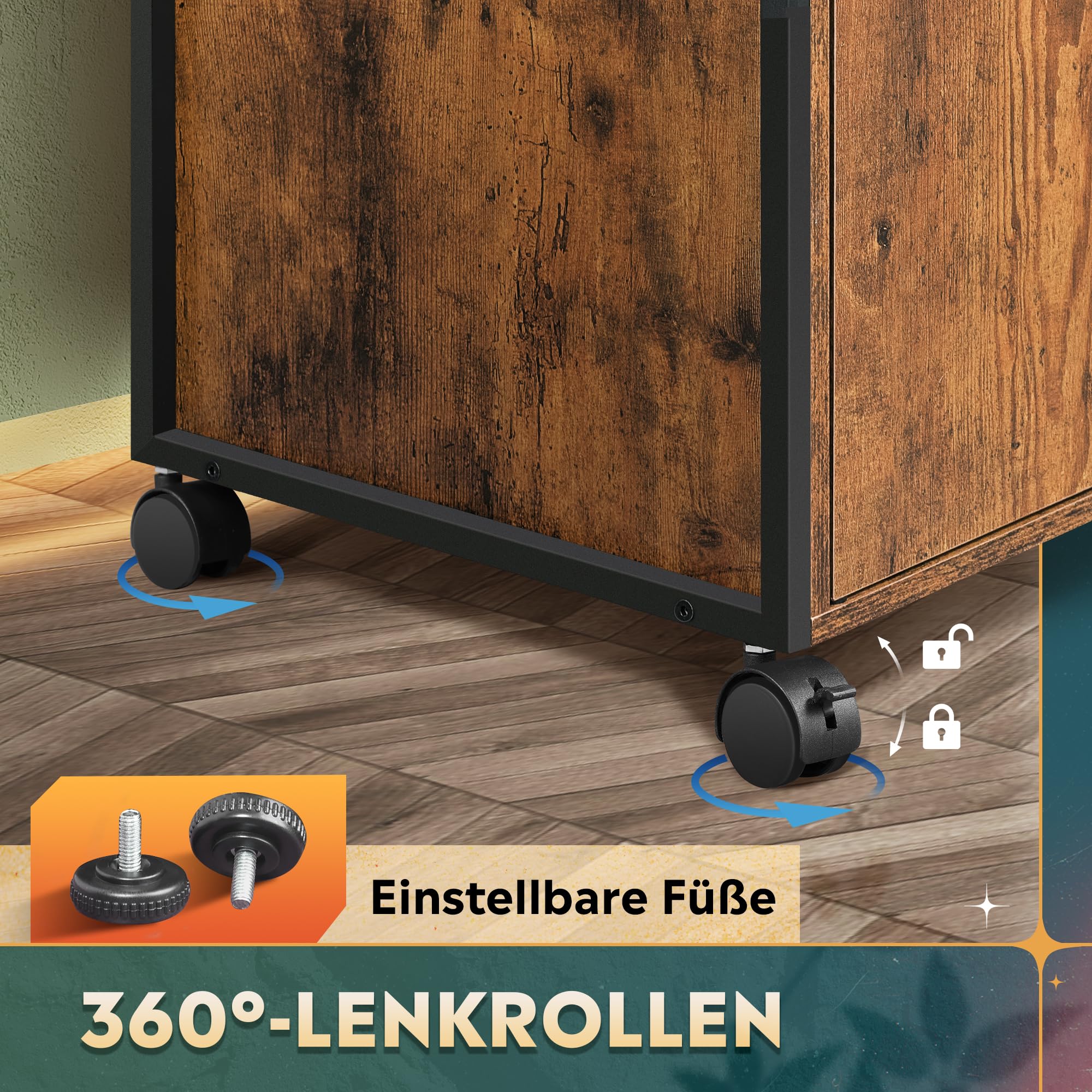 DEVAISE Druckertisch mit Ladestation, Rollcontainer mit Rollen und offenen Ablagen, Druckerschrank abschließbar für Büro und Home Office, Retro Braun