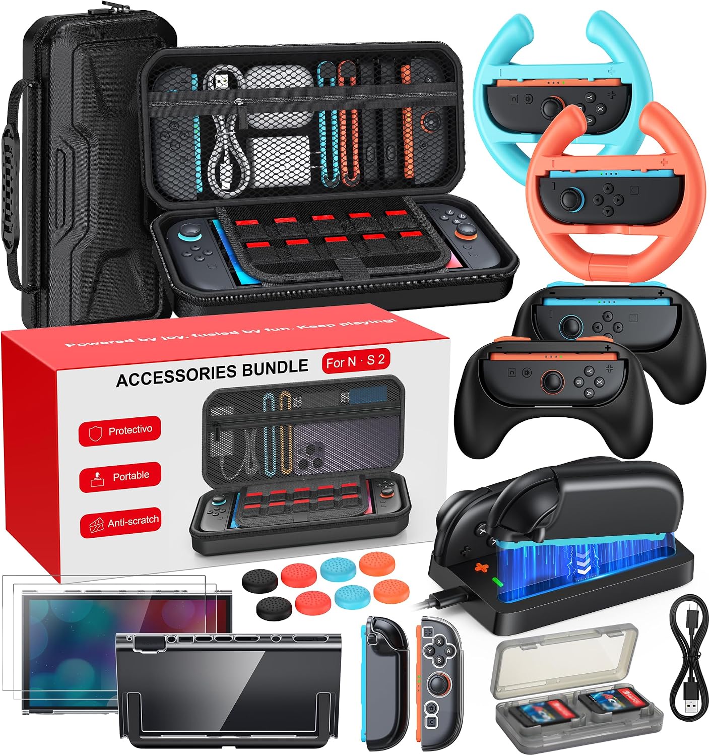 20 in 1 Switch 2 Accessories Bundle with Hard Carrying Case, Switch 2 Controller Charger, Screen Protector, Grips for Joy Con, Steering Wheels for Mario Kart, Clear Protective Cover CaseGift Pack
