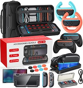 Switch 2 Essential Accessories Bundle, 20-IN-1 Game Set Kits, Hard Shell Carrying Case, Switch 2 Controller Charger, Screen Protector, Grips for Joy Con 2,Steering Wheels for Mario Kart, Clear Protective Cover Case(Gift Pack) (Black, Switch 2 7.9 Inc