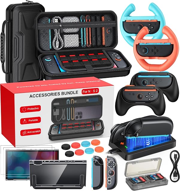 Switch 2 Essential Accessories Bundle, 20-IN-1 Game Set Kits, Hard Shell Carrying Case, Switch 2 Controller Charger, Screen Protector, Grips for Joy Con 2,Steering Wheels for Mario Kart, Clear Protective Cover Case(Gift Pack) (Black, Switch 2 7.9 Inc