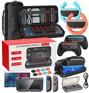 Switch 2 Accessories Bundle, 20 in 1 Game Kits, Hard Shell Carrying Case, Switch 2 Controller Charger, Screen Protector,Grips for Joy Con,Steering Wheels for Mario Kart, Clear Protective Cover CaseGift Pack Carbon Black, Switch 2 7.9 Inch