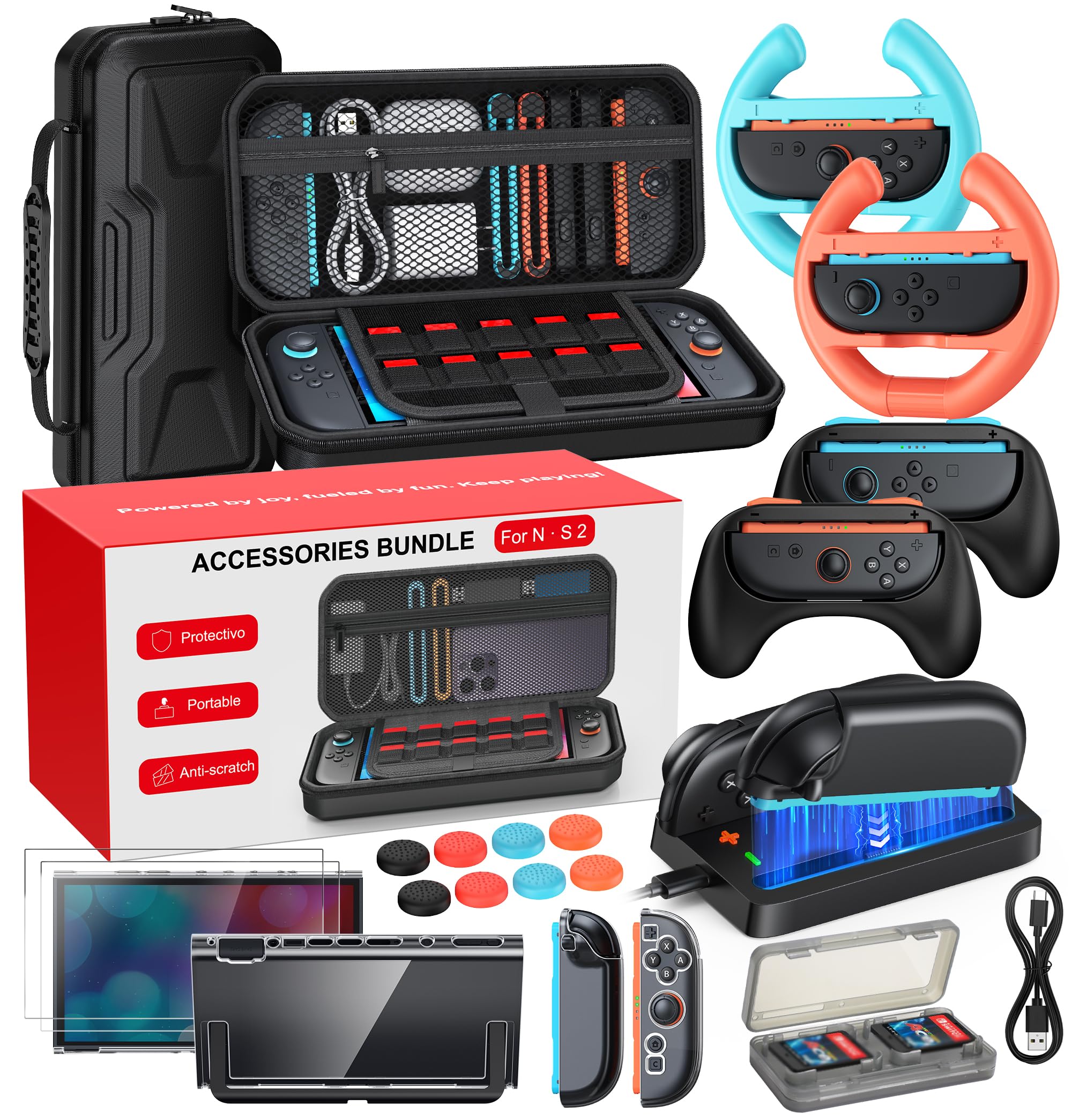 Switch 2 Accessories Case Bundle, 20 in 1 All in One Accessories Kits Black | Switch 2 Case, Controller Charger, Screen Protector,Grips for Joy Con,Steering Wheels for Mario Kart, Clear Protective Cover