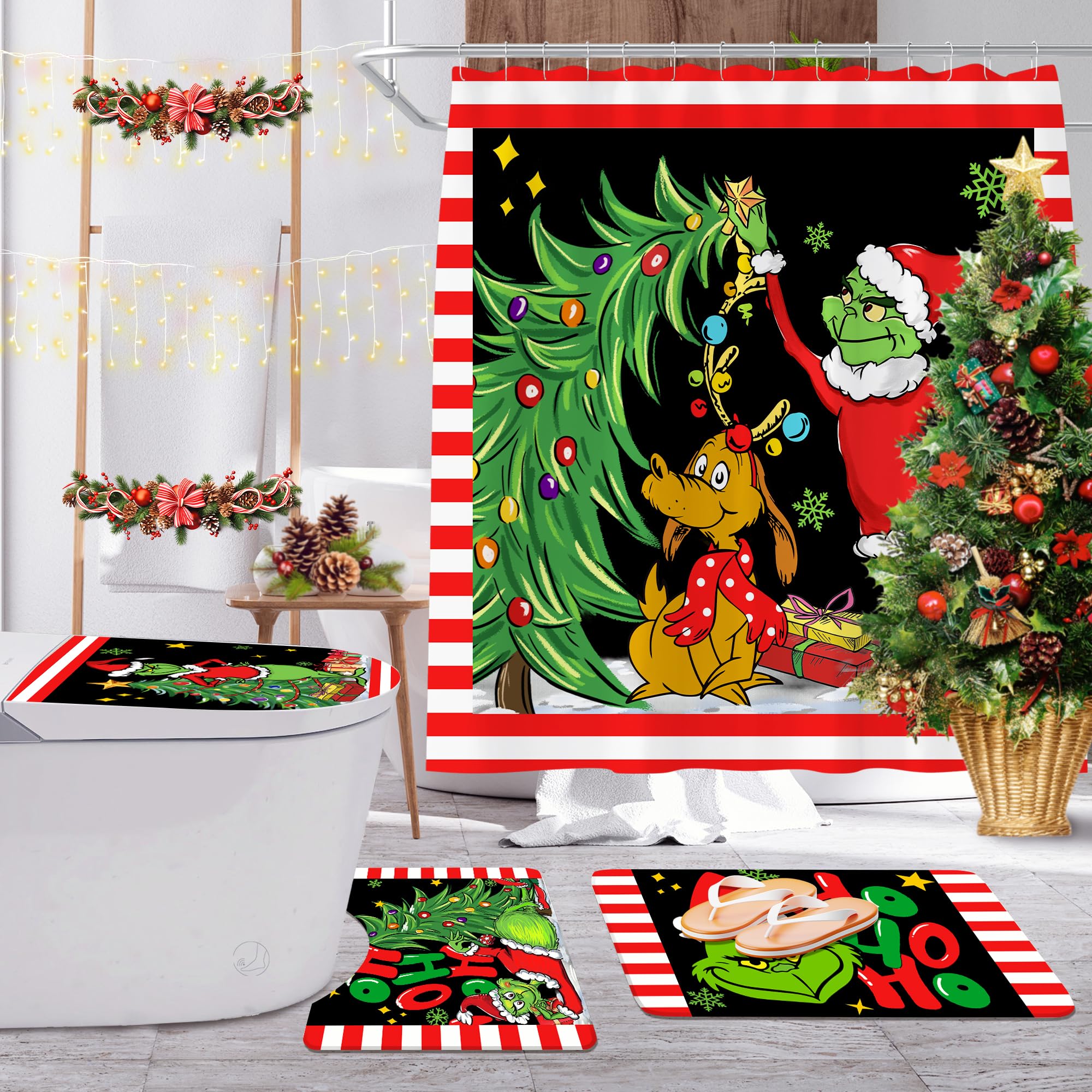 TOWINSFB Duschvorhang-Set Winterdesign – 183x183 Cm, Mit WC-Deckelbezug & Rutschfester Badematte, 4-teilig, Wasserdicht