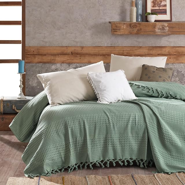 Milam London Cotton Waffle Bedspread, Throw For 2 - 3 Seater Sofa, Settee, Couch, Bed I King Size 220 x 240 cm - Sage Green