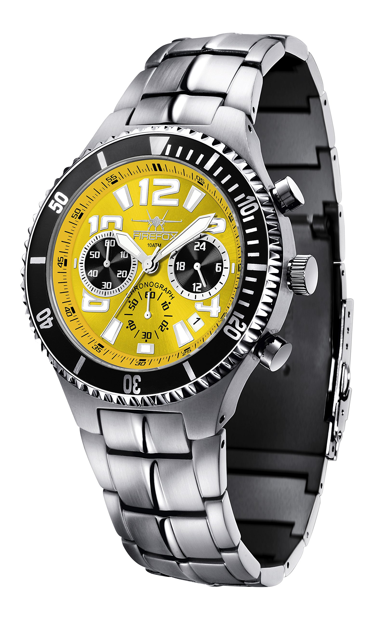 FIREFOX Silver Surfer FFS13-108b Sunray gelb Herrenuhr Armbanduhr massiv Edelstahl Chronograph Sicherheitsfaltschließe 10 ATM Water Resistant