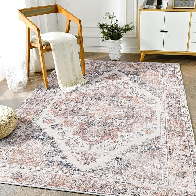 TOPICK Area Rug 90x150cm Entryway Floral Rug Light Red Multi Rug Oriental Rug Vintage Foldable Thin Rug Chenille Print Vintage Kitchen Rug Hallway Anti Slip Rug Living Room Bedroom Bathroom Office