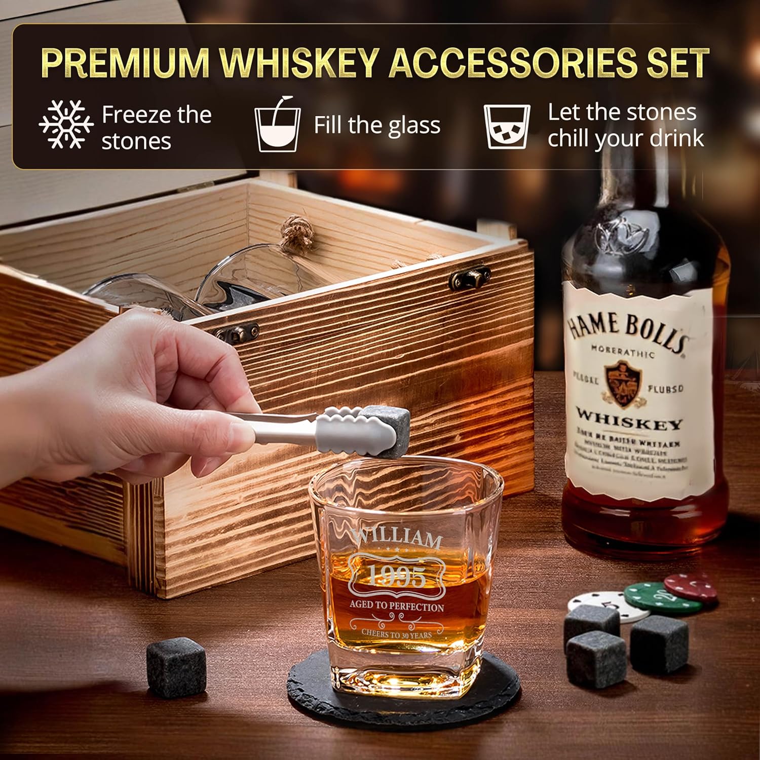 Custom Birthday Name Year Whiskey Glass Gift Set 2 Glasses, 6 Granite Chilling Stones, Tongs & 2 Slate Coasters in Rustic Wood Crate – Scotch, Bourbon Lovers Gift