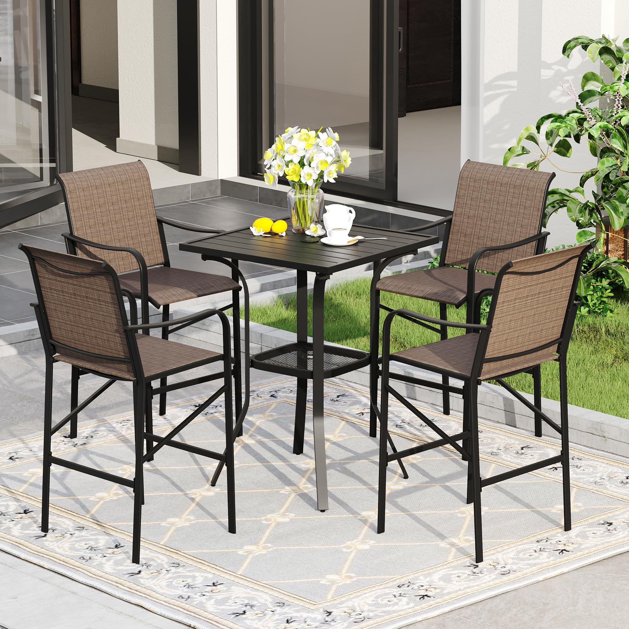 DIFY 5 Pieces Patio Bar Set for 4, 28" Black Square Metal High Top Table and 4 Brown Textilene Bar Stools with Curved Armrests for Garden Balcony,