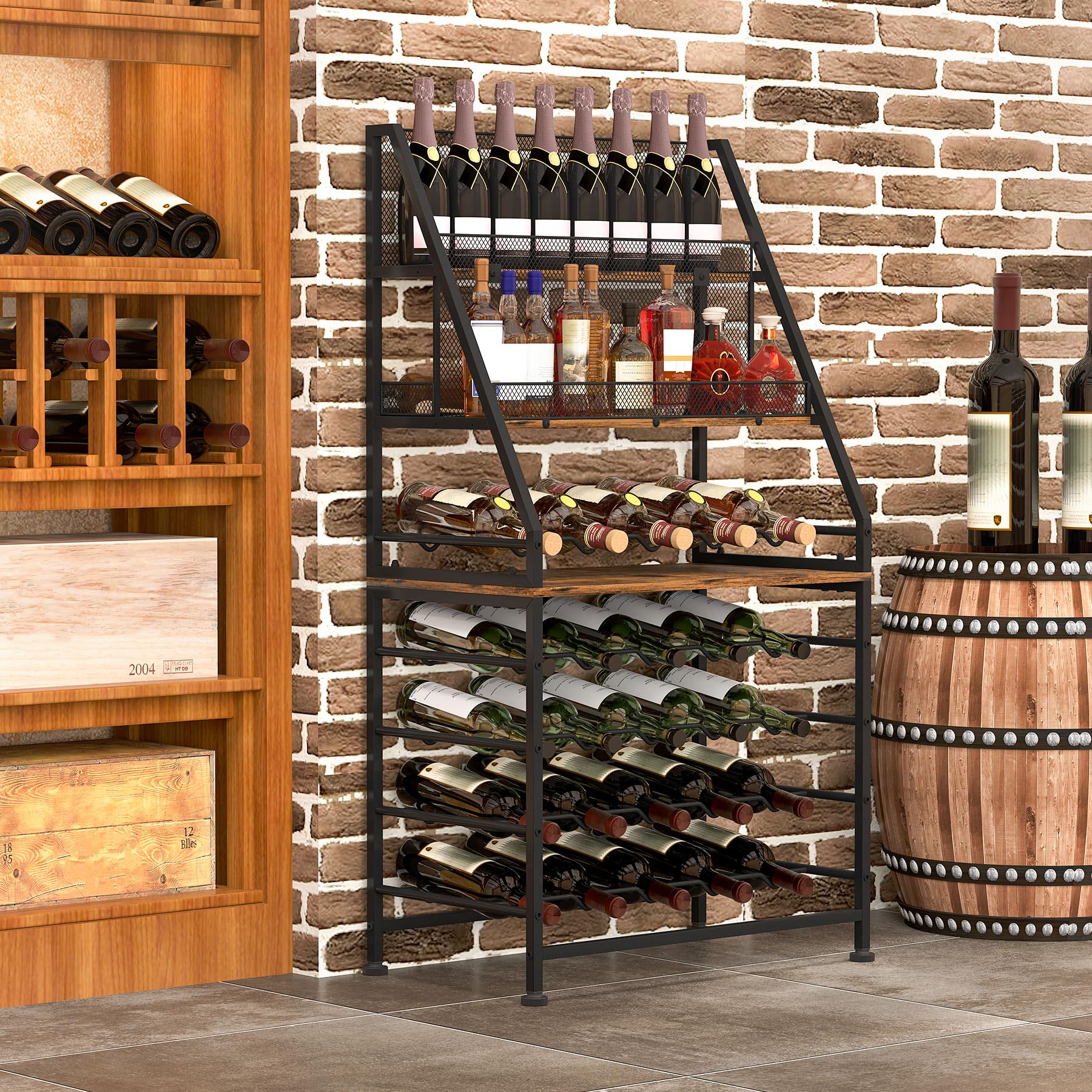 TQVAI Estantes Independientes para Vino Estante de Madera para 40 Botellas Estante de Almacenamiento para Organizar el Armario del Bar Doméstico, Negro/Antiguo