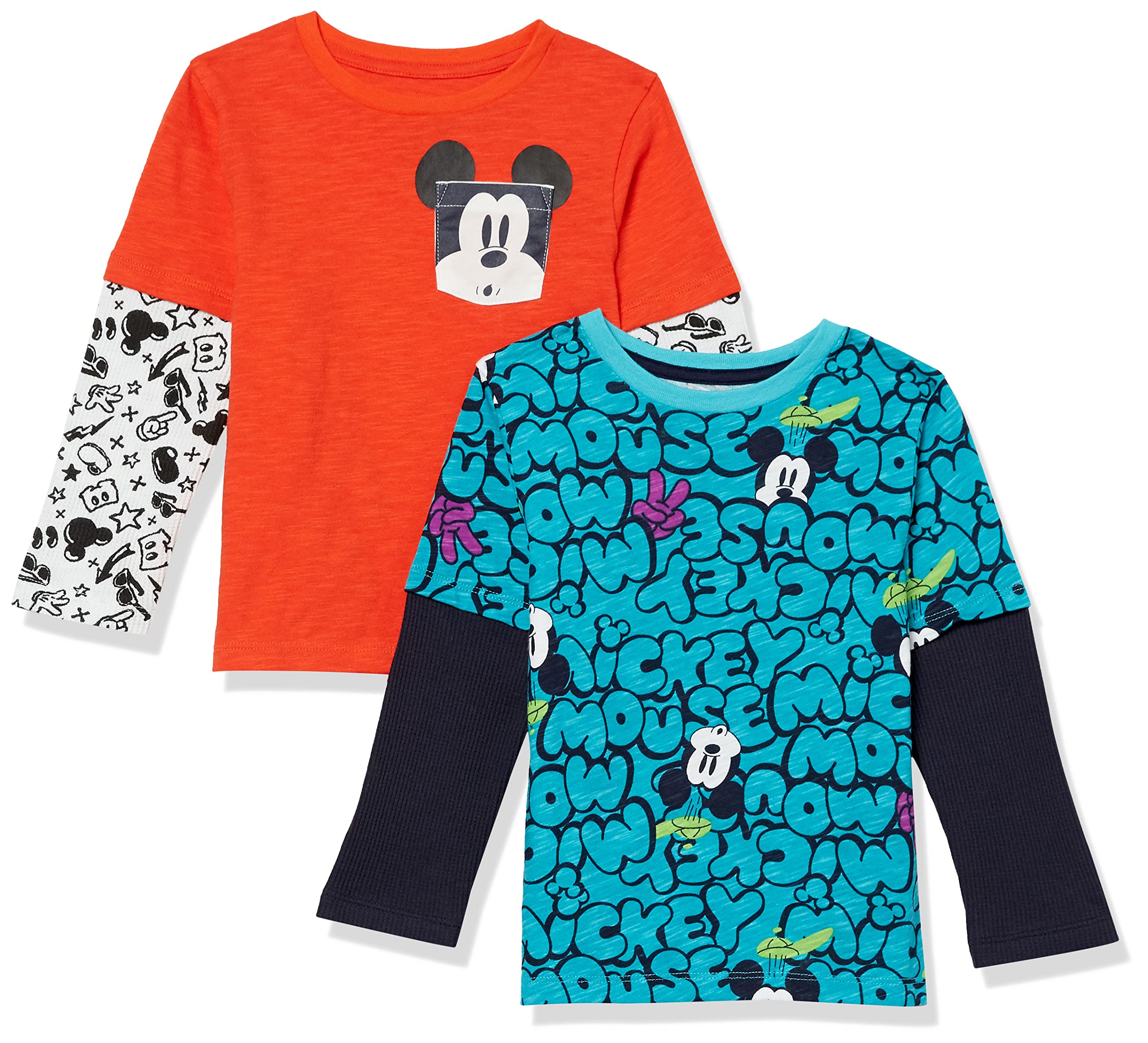 Amazon Essentials Disney | Marvel | Star Wars Toddler Boys' Long-Sleeve 2-in-1 T-Shirts, Pack of 2, Mickey, 2T
