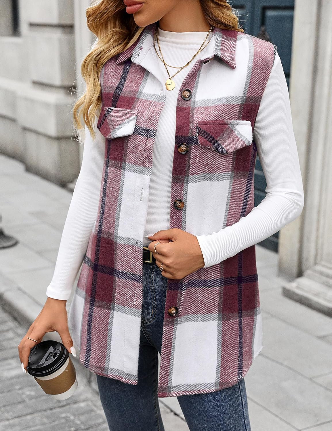 ZILIN Women's Flannel Plaid Vest Button Down Sleeveless Shacket Shirt Jacket - Image 2