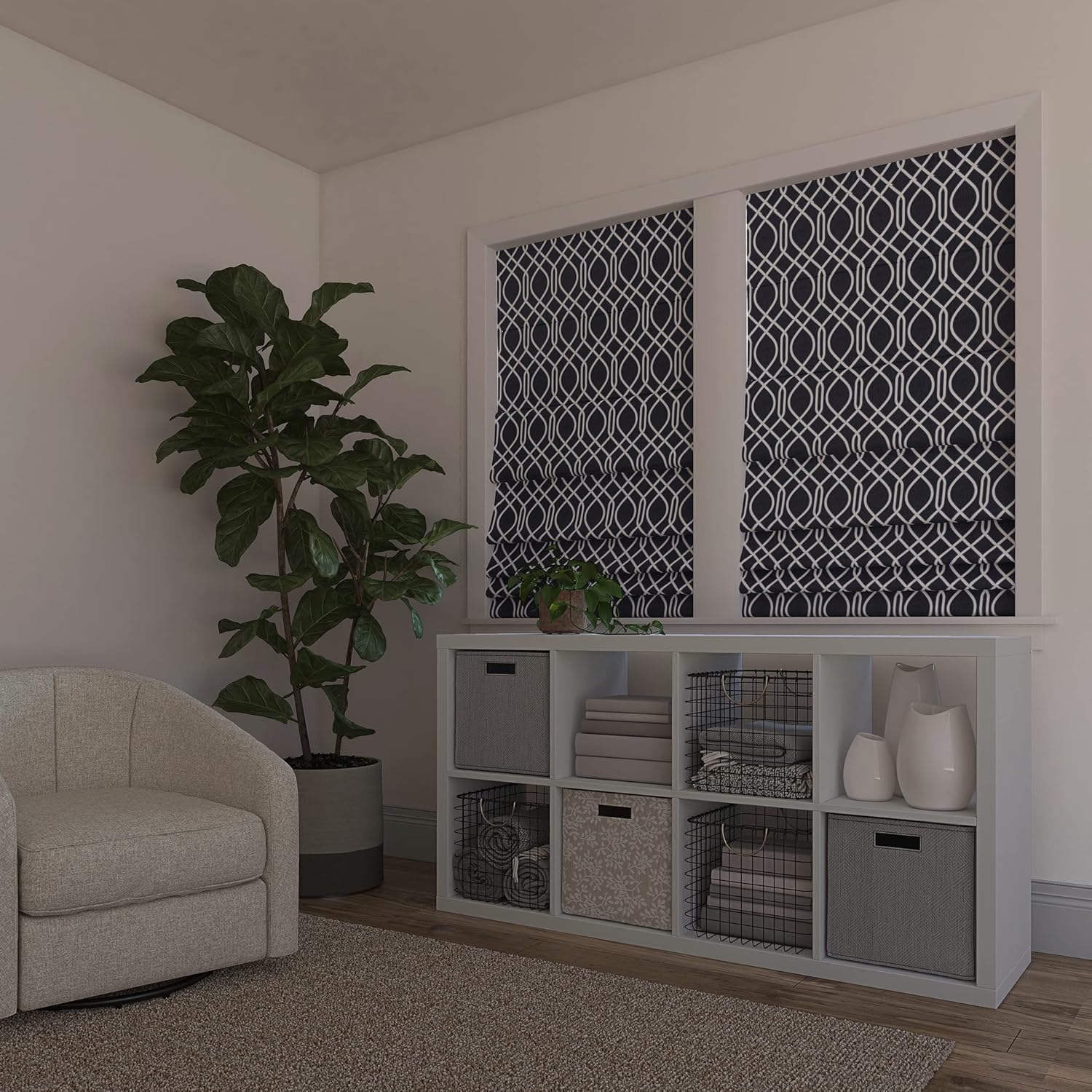 Sun Zero Dyer Modern Trellis Total Blackout Cordless Roman Shade, 27" x 64", Navy Blue