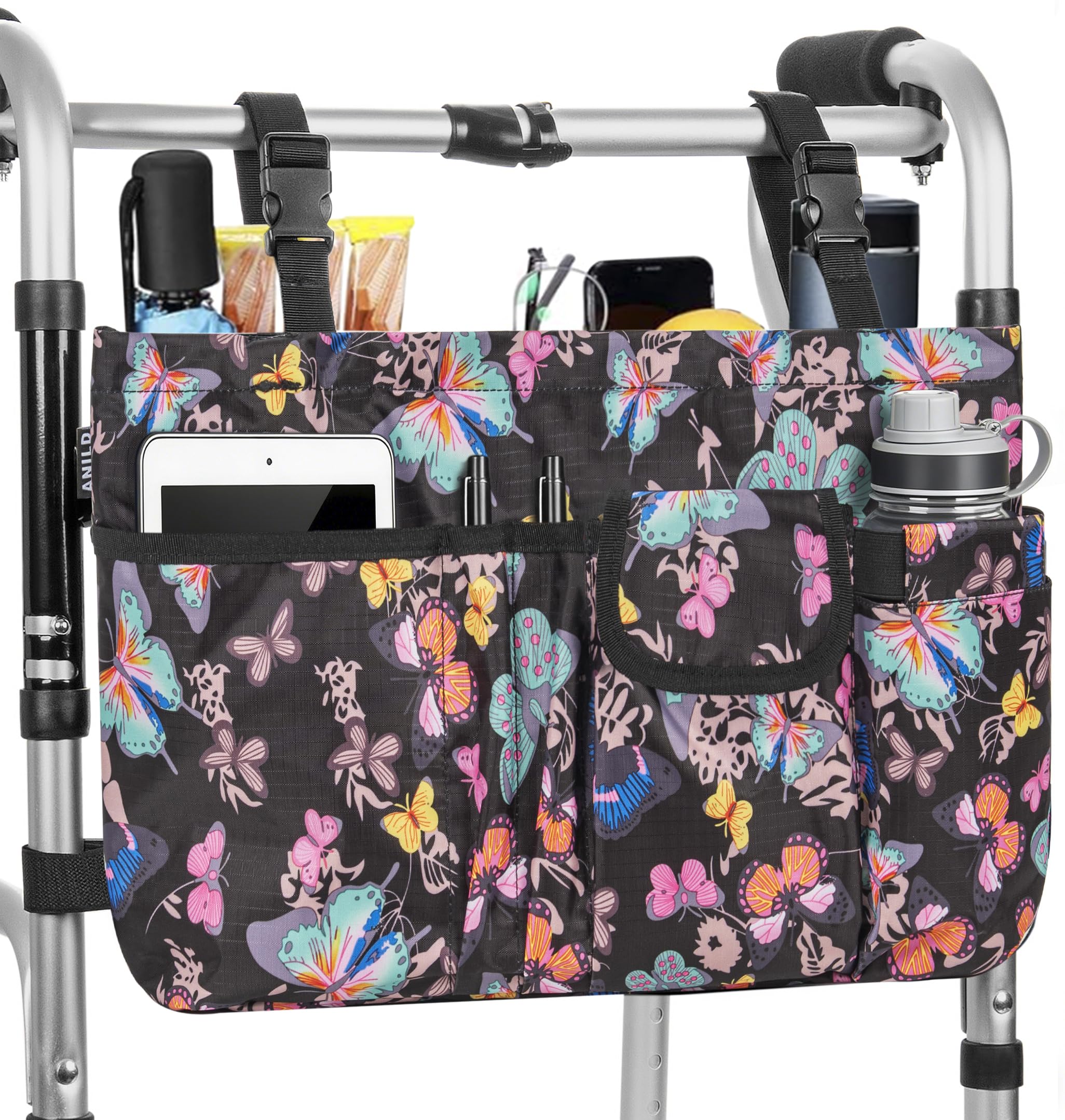 ANILD Walker Bag Basket with Cup Holder, Foldable Walker Bag for Folding Walker Accessories for Seniors Elderly, Walker Storage Bag with Large