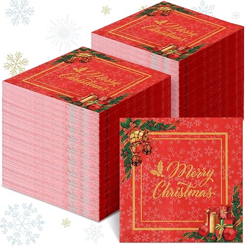 200 servilletas de papel de Navidad, servilletas desechables rojas y doradas para fiestas de Navidad, cenas de vacaciones y decoración de postres