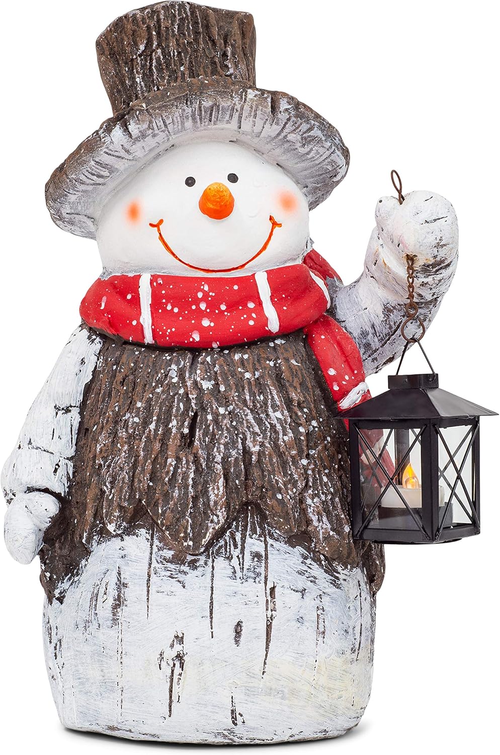 Mark Feldstein & Associates Woodsy Snowman with Lantern LED Light Up 17 Inch Resin Stone Door Greeter Figurine
