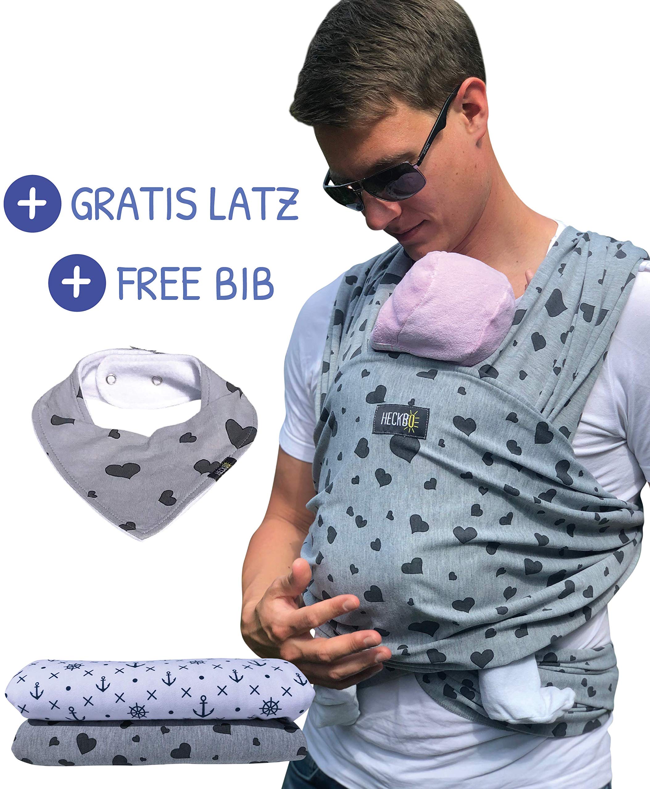 HECKBOHECKBO Baby Sling White with Blue Anchors - incl. Free Baby bib & Bag - Extra Large: 520 x 60 cm - Elastic Baby Sling wrap Sling for Newborns & Babies up to 15 kg (Heart)