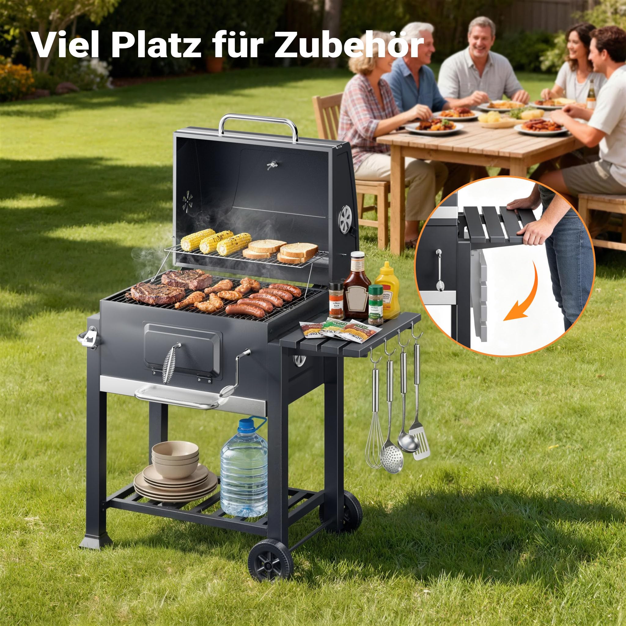 BBQ Holzkohle Grillwagen mit Deckel, Ablage und Feuerklappe, Höhenregulierung für Kohle, Thermometer