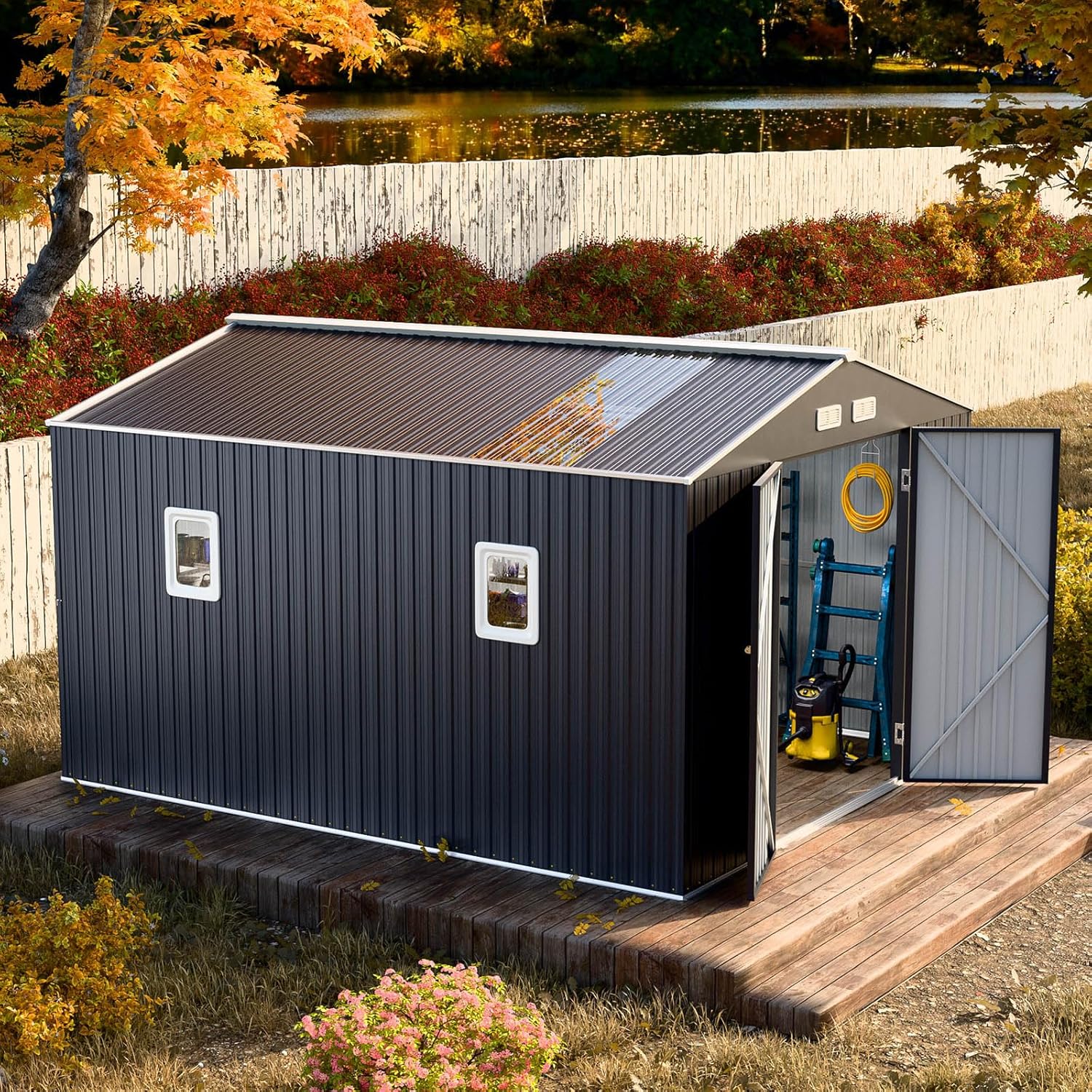 10x12 FT Metal Outdoor Storaged Shed with Floor Frame Kit Extra Large Waterproof Tools Storage with Transparent Top Panel Windows Air Vent for Garden Backyard to Store Bikes,Lawnmower,Dark Grey 10x12 FT W/ Floor Base - Image 1 of 9