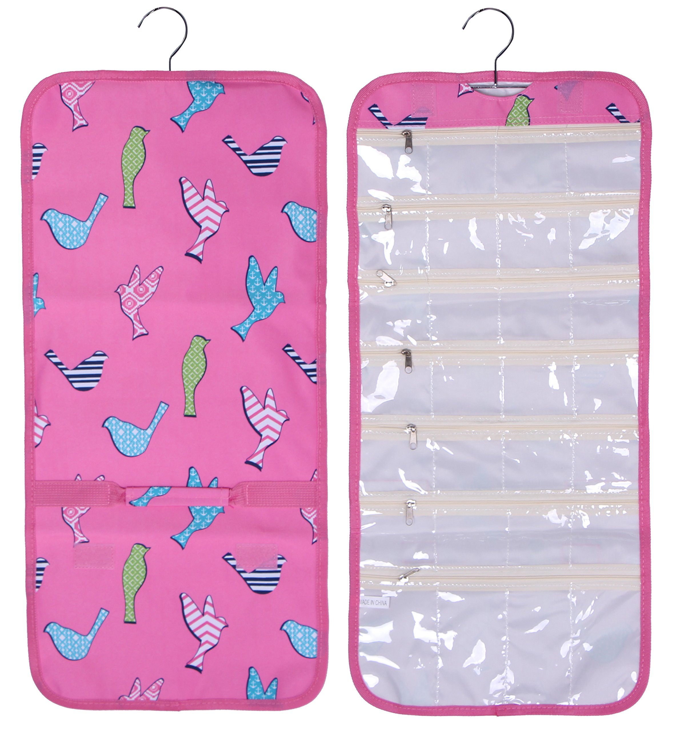 101 BEACH Hanging Travel Jewelry Roll Organizer for Women Teens Girls (Pink Bird)