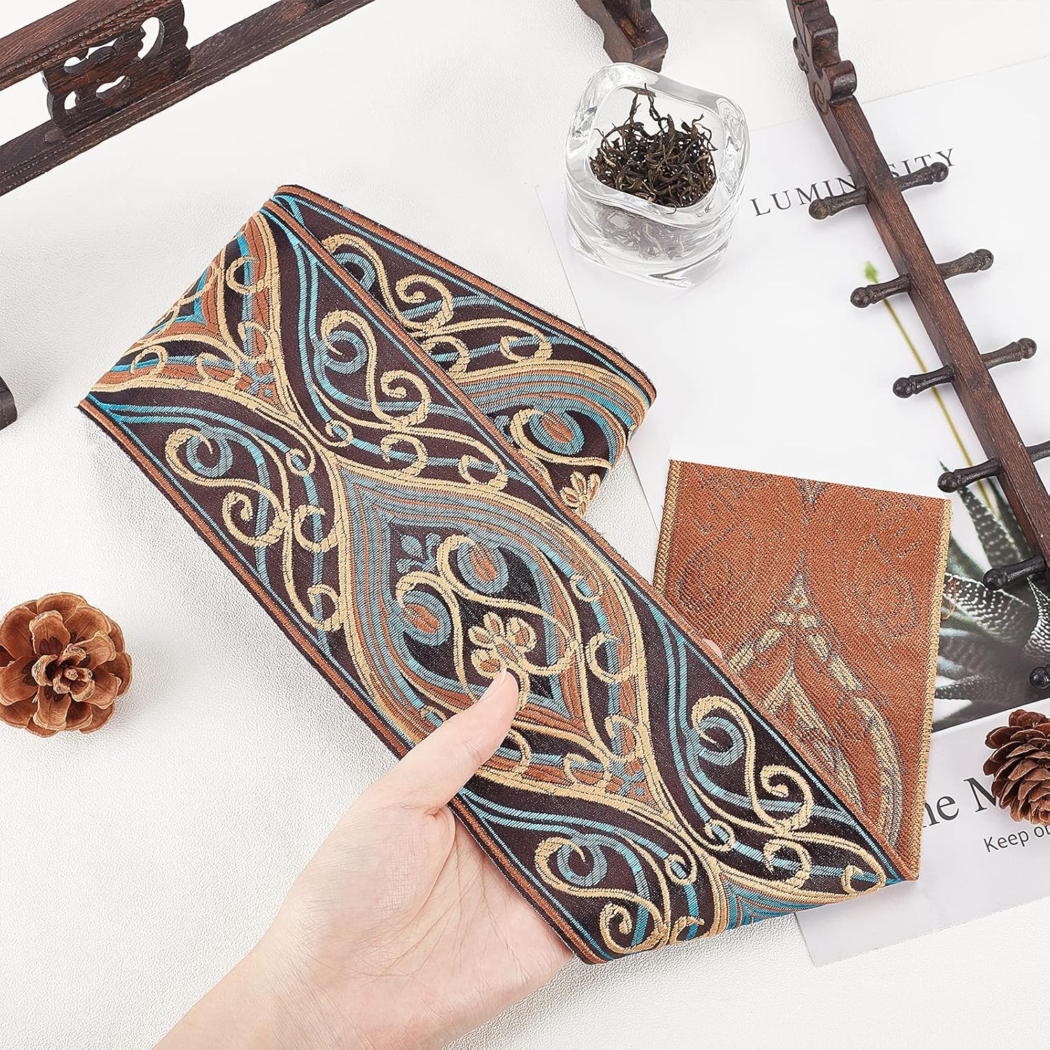 PH PandaHall 7 Yard 3.6 Inch Jacquard Ribbon, Single Face Embroideried Lace Trim Woven Ribbon Fabric Trim Fringe for Sewing Crafting Home Decor Wedding, Gift Wrapping, Bag Straps Embellishment