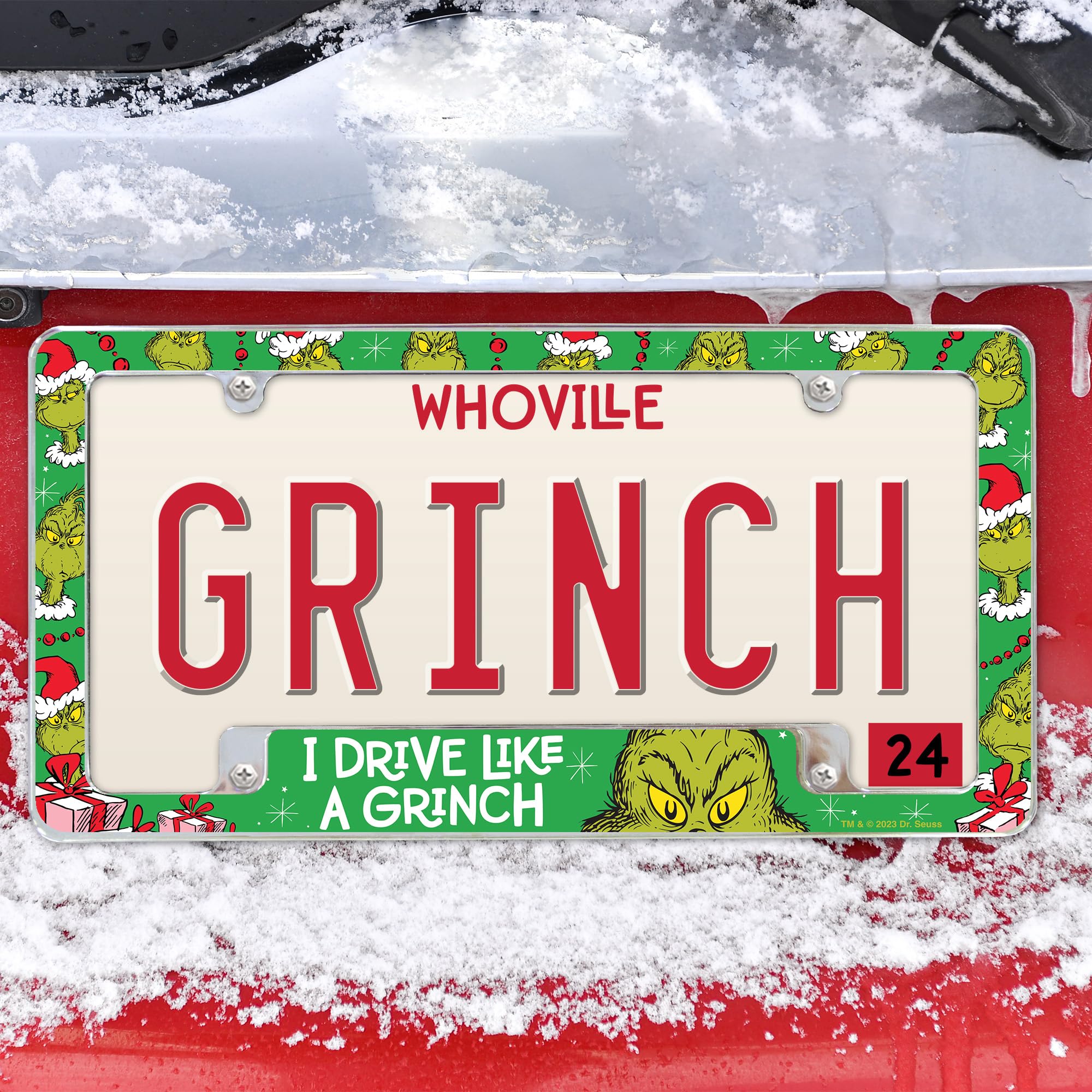 Rico Industries Grinch Drive Like a Grinch 30,5 x 15,2 cm Chrom All Over Automotive Kennzeichenrahmen für Auto/LKW/SUV