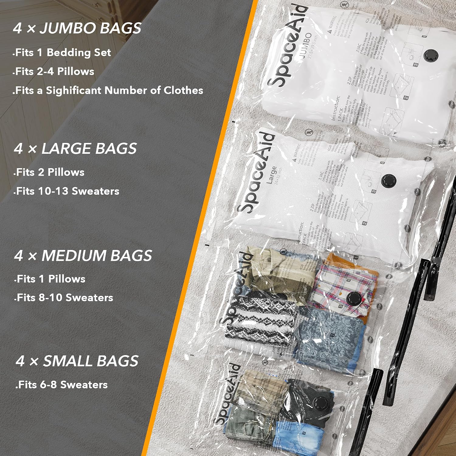 SpaceAid 20 Pack Vacuum Storage Bags, Space Saver Sealer Compression Bags for Comforters, Blankets, Pillows, Bedding, Clothes (4 Jumbo/4 Large/4 Medium/4 Small/4 Roll) image 3
