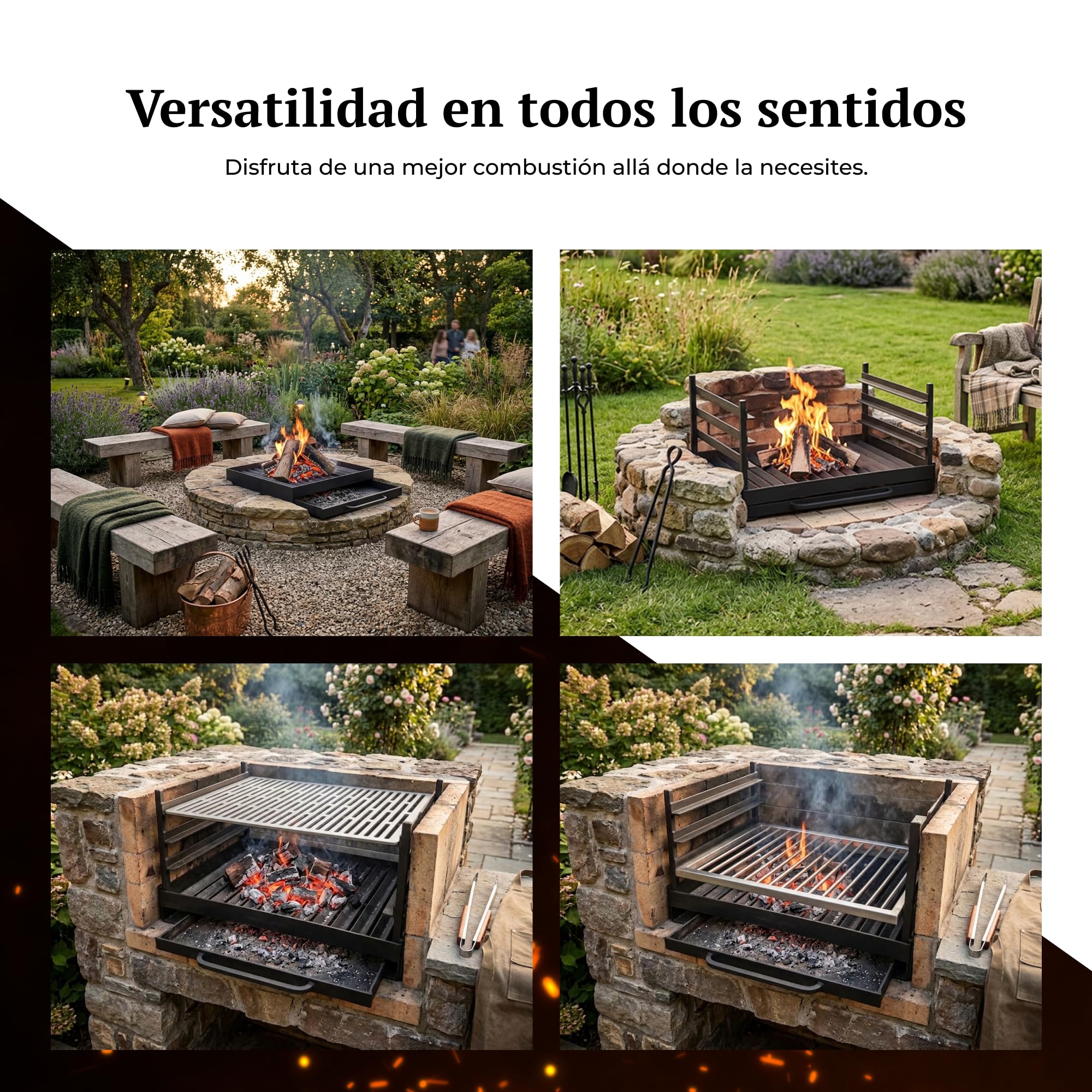 PDG | Brasero/Parrilla de leña a Medida con cajón de Cenizas | Parrilla para Chimenea, Barbacoa y Cocina Exterior | Estructura de Acero | Rejilla Acanalada | Insertable o Independiente