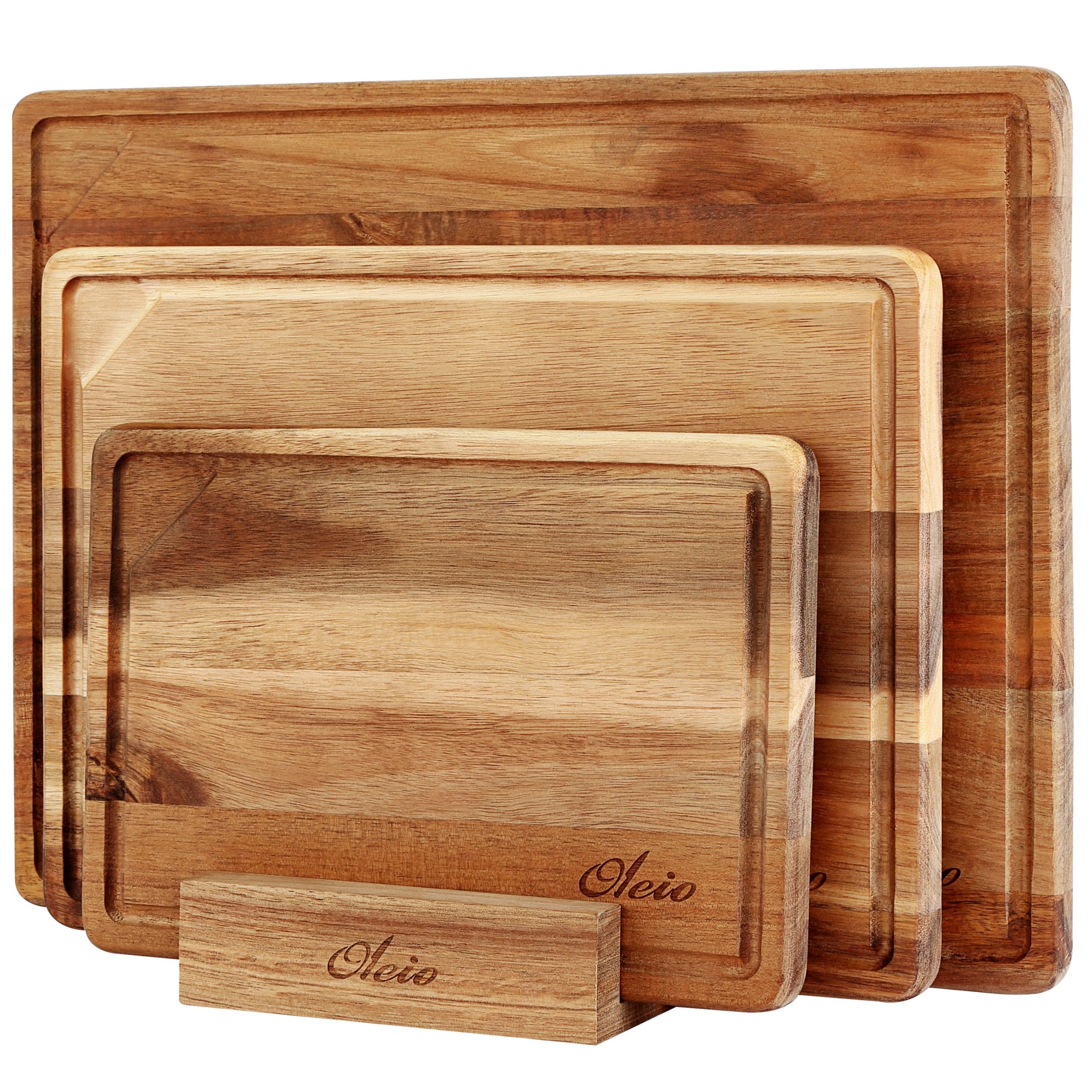 OLEIO Schneidebrett Holz 3er Set Massiv Akazie – Holzschneidebrett Küche | Mit Saftrille, Griffmulden & Halter – Schneidebretter Set 40x30/33x24/26x18cm, rutschfeste Silikonfüße