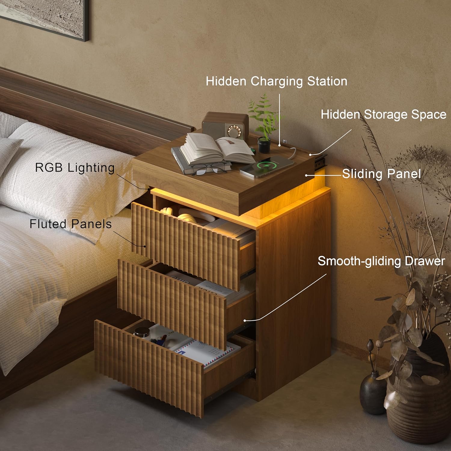 Fluted Nightstand with Charging Station and LED Light, Bedside Table with Sliding Top, USB Ports and AC Outlets, 3 Drawer Storage Cabinet, Modern End Table for Bedroom, Walnut