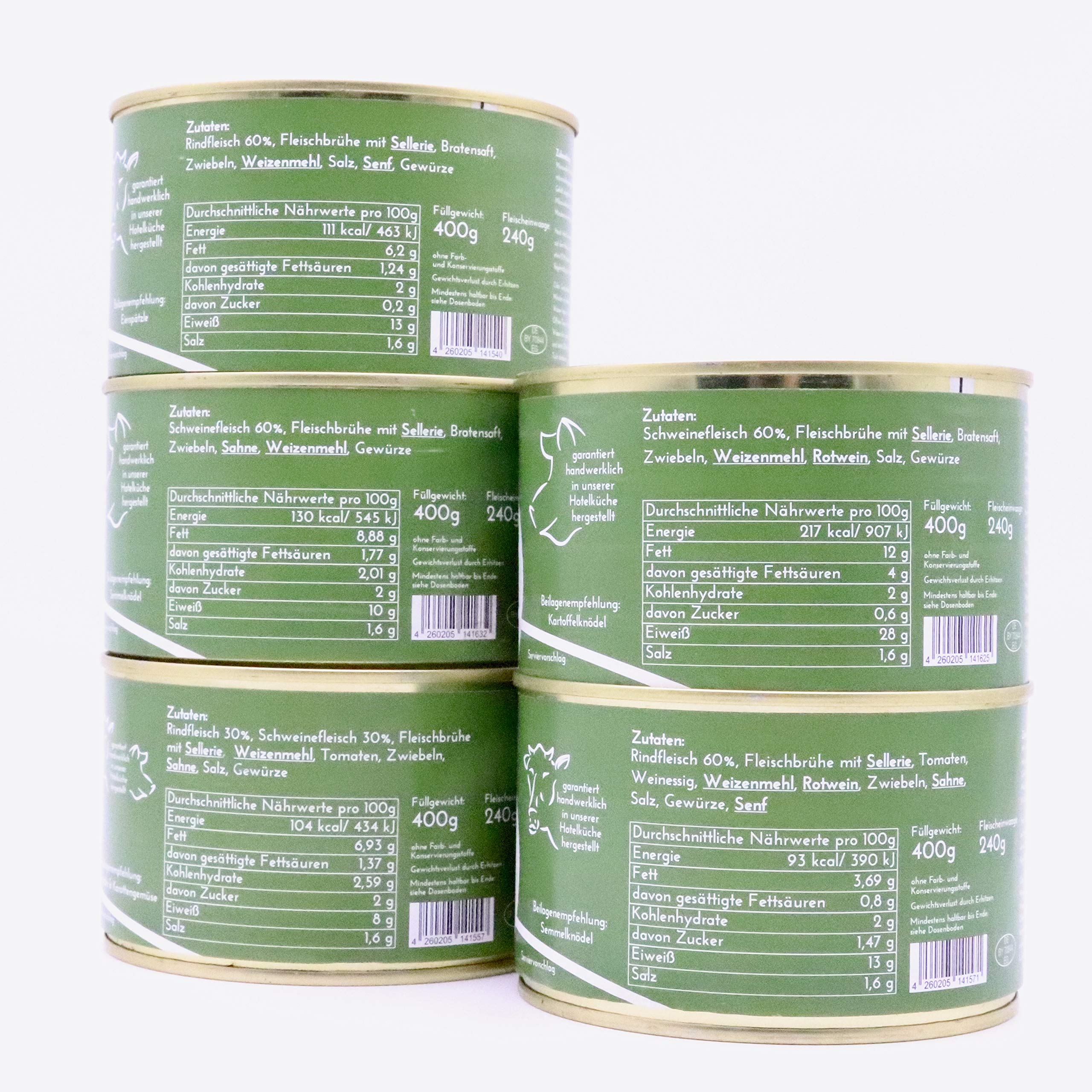 Diem Braten-Paket (Rinderbraten, Gulasch gemischt, Sauerbraten, Schweinebraten, Schweine Geschnetzeltes) 5 x 400g Konserve - (17,55€ / Kg)