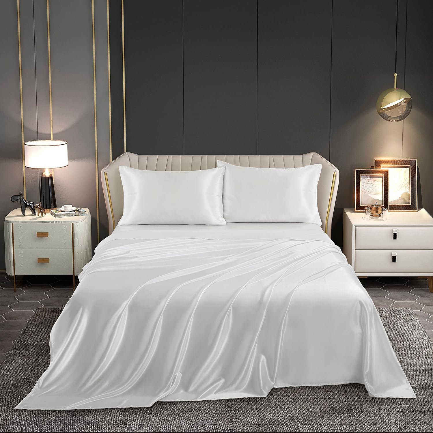 4 Pieces Satin Sheets Set, King Size Luxury Silky Soft Satin Bed Sheets with 1 Deep Pocket Fitted Sheet, 1 Flat Sheet, 2 Pillowcases, White White King