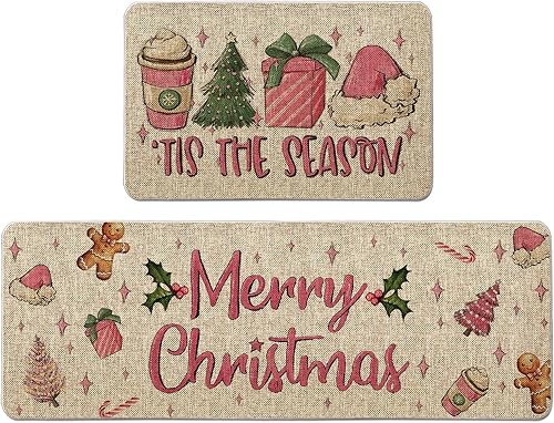 GAGEC Tis The Season - Juego de 2 tapetes de cocina de Navidad, invierno, granja, fiesta, para el hogar, cocina, baño, decoración de Navidad rosa,