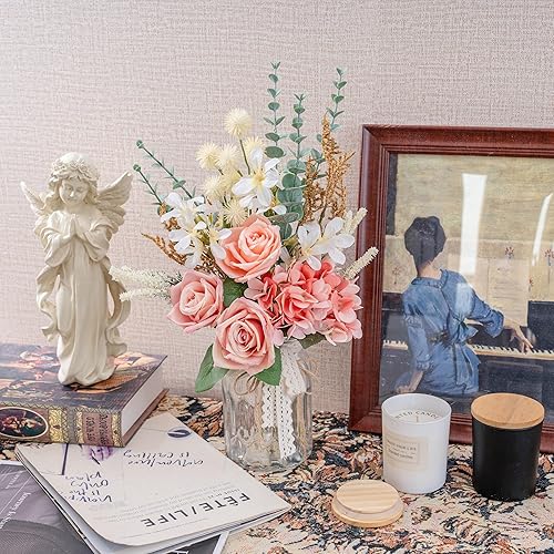 Miniatura 4 de LUEUR Flores de rosas artificiales en jarrón para decoración del hogar, ramo de hortensias de rosas rosas de seda con maceta, arreglo de dalia de