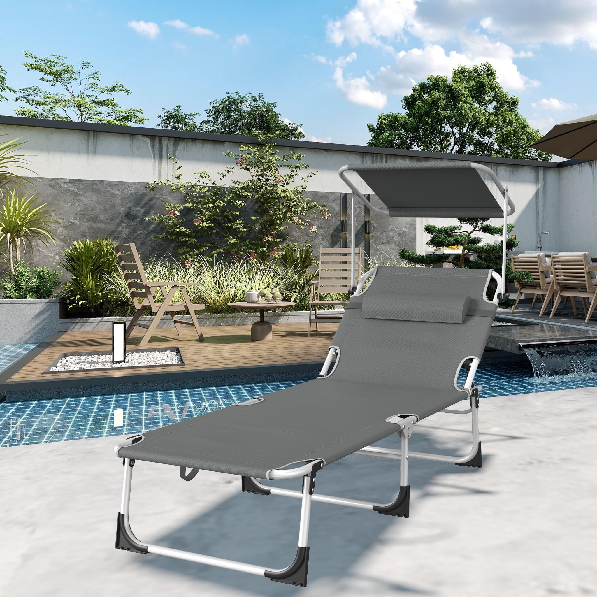 AufuN Sonnenliege Klappbar mit Dach und Seitentasche 195x68 cm Anthrazit | Wetterfeste Gartenliege, stabile Strandliege, Sonnenschutz & verstellbare Rückenlehne, bis 100 kg, ideal für Terrasse Campin