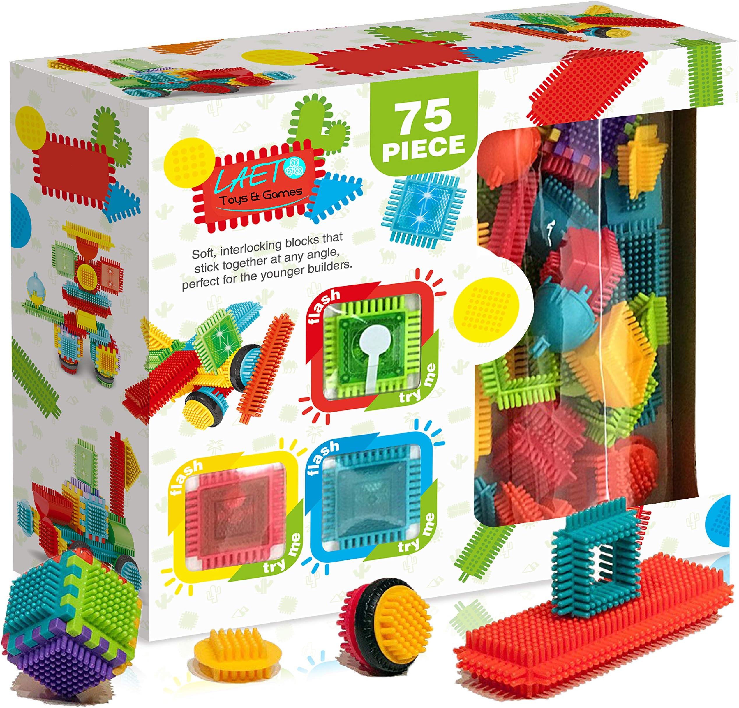 Laeto | Large 75 Flashing Light Up Piece Bag of Bristle Shape Stick and Build Building Blocks for Toddler Boys | UNLEASH THE BUILDER IN YOUR KIDS