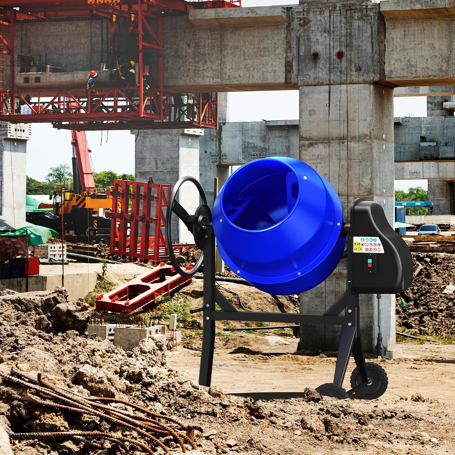Electric Concrete Mixer, 5.3 Cubic Ft, 1HP. 750W Portable Concrete Mixer Machine with Stand & Wheels for Stucco, Mortar, Seeds, Blue