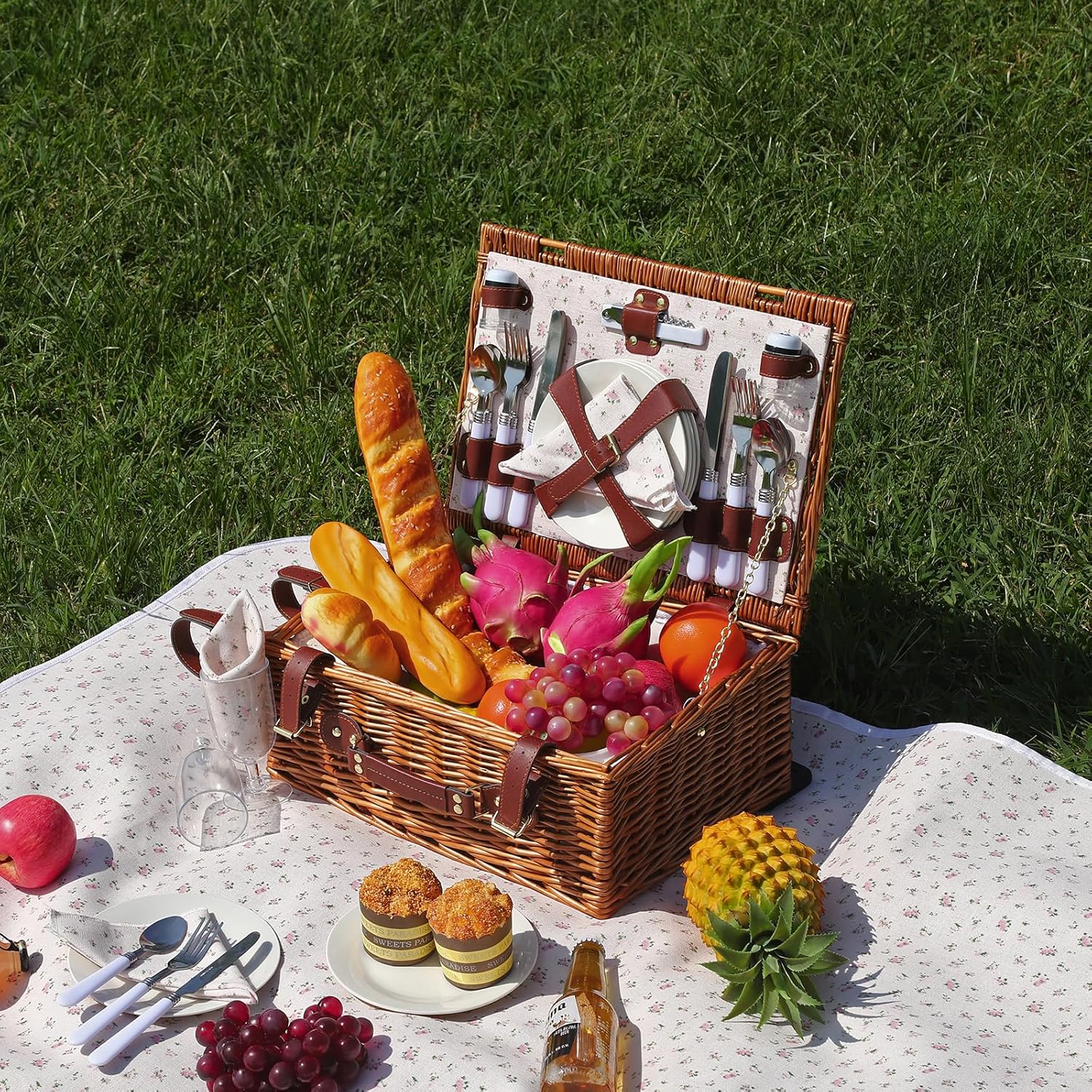 Picnic Baskets Wicker Willow Picnic Set for 4 Persons with Insulated Cooler Bag and White Floral Waterproof Picnic Blanket Gift for Christmas Thanksgiving Wedding Birthday Camp Outdoor Beach Travel