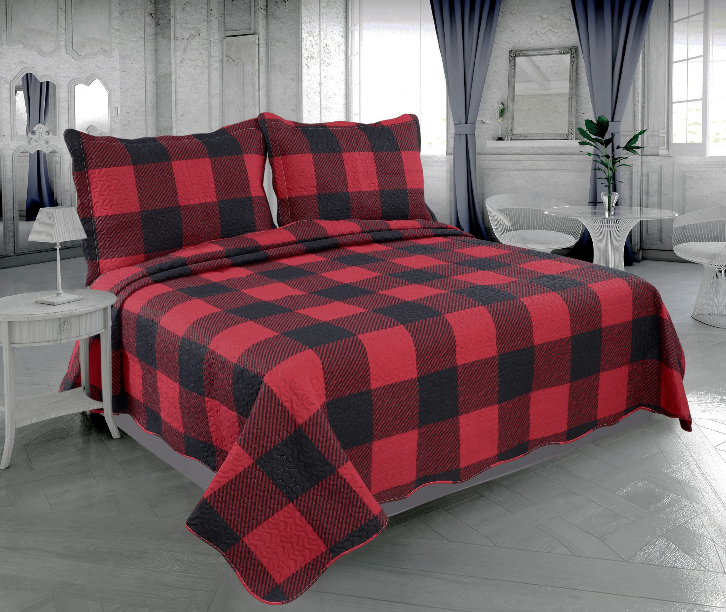 Photo 1 of 
**SIMILAR, NOT EXACT ITEM**Marina Decoration Rich Printed Embossed Pinsonic Coverlet Bedspread Ultra Soft 3 Piece Summer Quilt Set with 2 Quilted Shams, Red Black Plaid Pattern Queen/Full Size