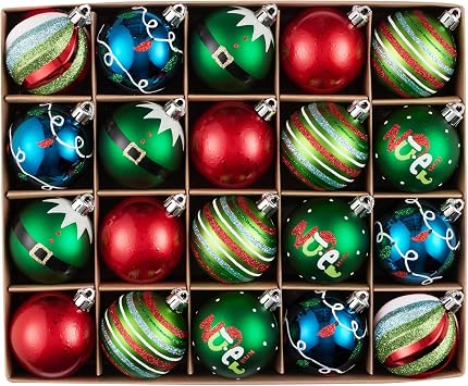 DecorbyHannah Red Green Blue Christmas Ornaments, 20ct 2.36 inch Elf Christmas Tree Decorations, Shatterproof Plastic Decorative Hanging Ball Bulk for Xmas Home Party Holiday Table Decor