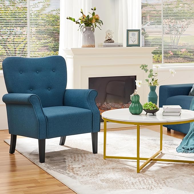 Sillón Moderno Tela Tapizada Azul Marino Patas Madera miniatura 6