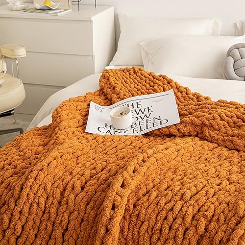 Miniatura 4 de Manta de punto grueso ultrasuave de color naranja quemado, acogedora y esponjosa, hecha a mano con hilo de felpilla, para cama, sofá y sillón, 40 x