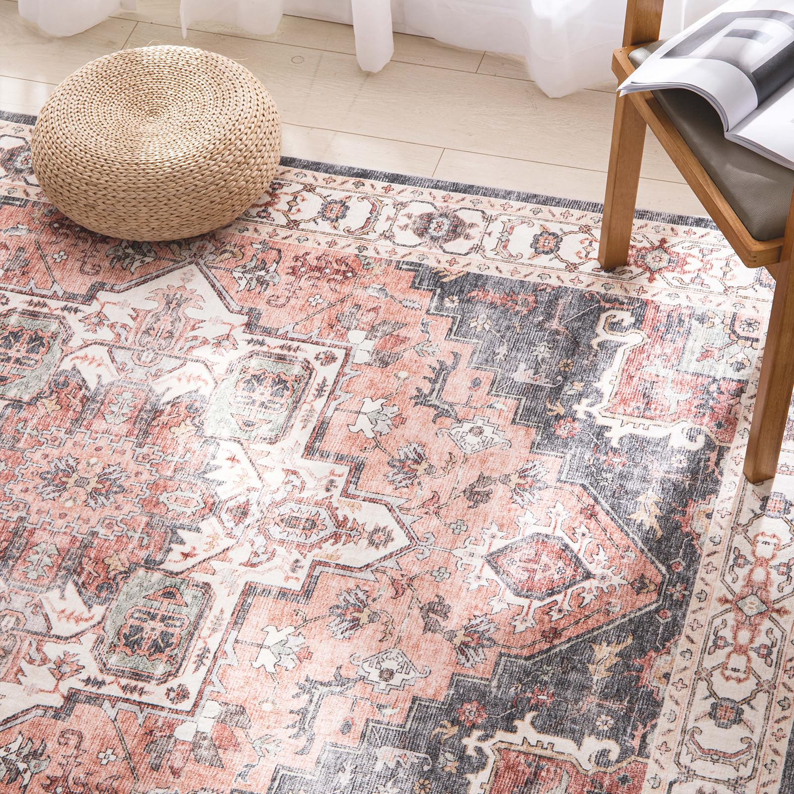 Carvapet Läufer Teppich 60x300cm rutschfest Lang Teppichläufer Waschbar Mikrofaser Vintage Medaillon Rosa Teppich Flächenteppich Laufteppich