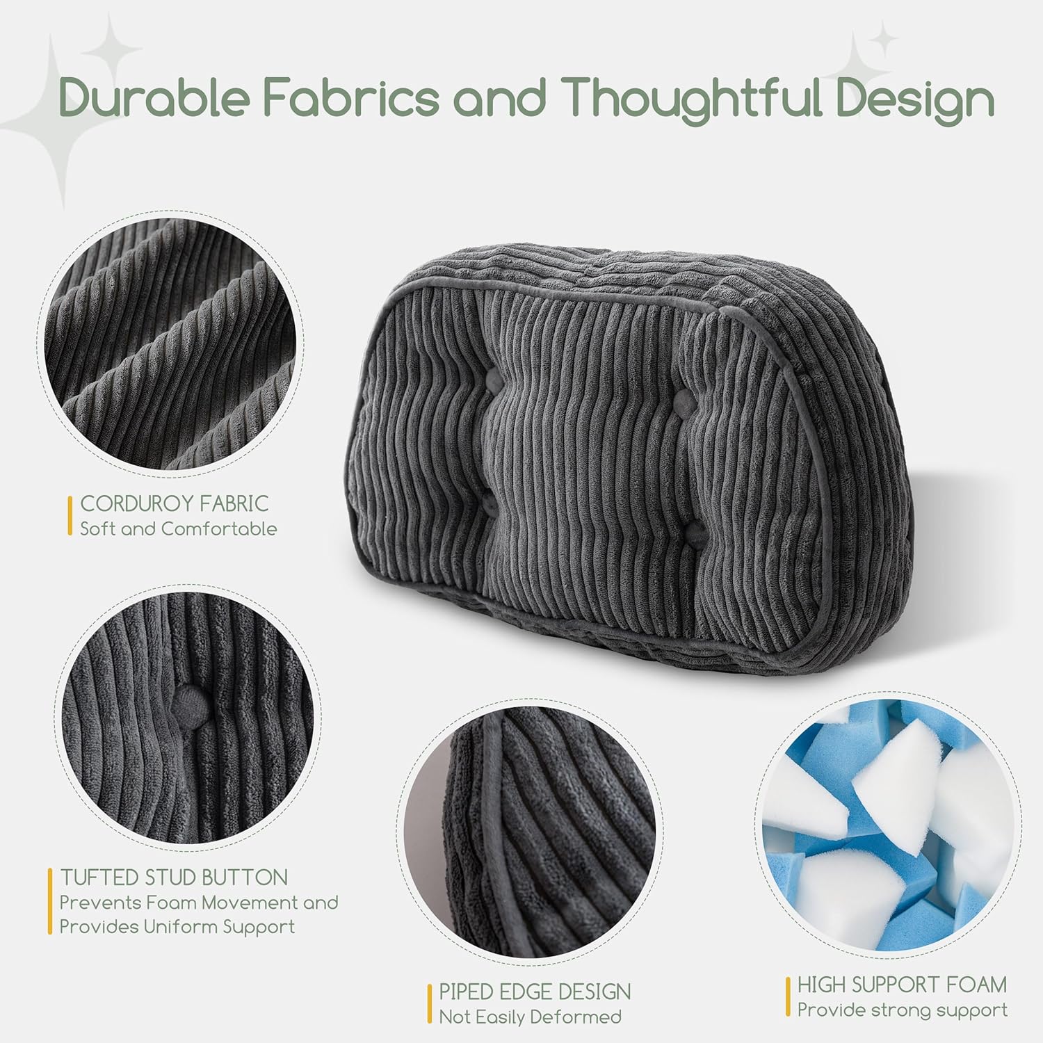HIGOGOGO Lumbar Support Pillow for Recliner Chair/Accent Chair/Couch/Office Chair, Tufted Corduroy Back Support Cushion for Elderly, Recliner Cushions for Back Rest, Pain Relief, Reading, Dark Grey