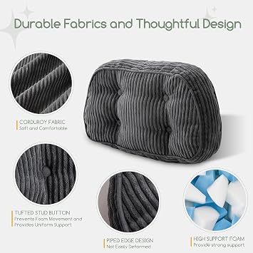 HIGOGOGO Lumbar Support Pillow for Recliner Chair/Accent Chair/Couch/Office Chair, Tufted Corduroy Back Support Cushion for Elderly, Recliner Cushions for Back Rest, Pain Relief, Reading, Dark Grey