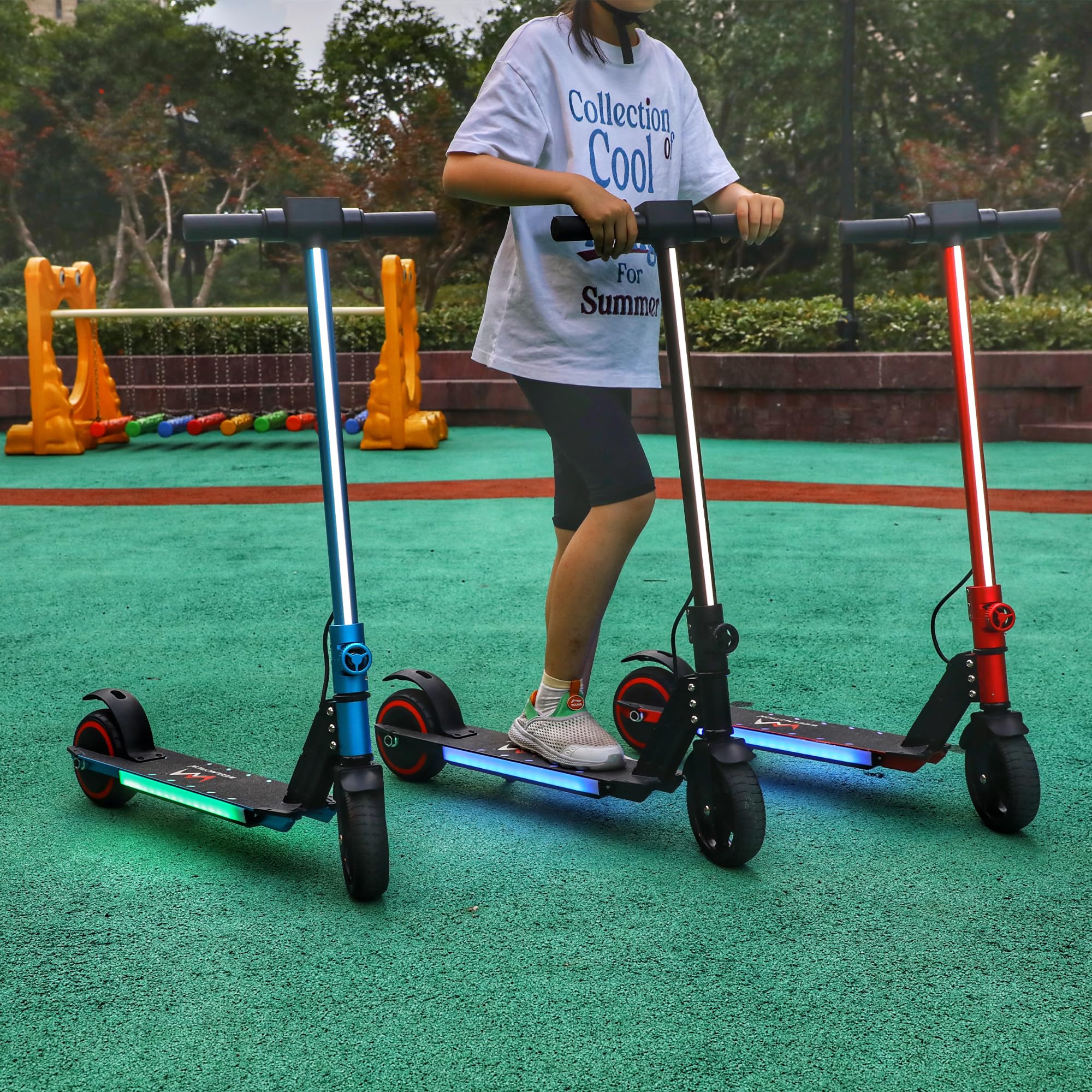 Patinete eléctrico plegable para niños, con luces principales, luces de barra frontal brillantes, luces brillantes en el pedal, pantalla LED, motor de doble freno de 150 W, scooter 5